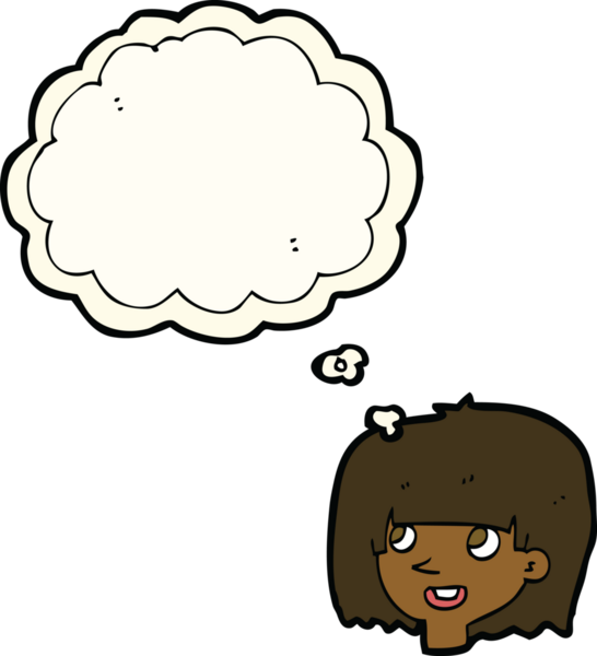 Bir insan tarafından çizilmiş düşünce baloncuklu mutlu kadın yüzü.