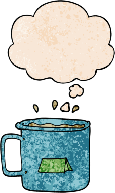 Bir insan tarafından çizilmiş grunge desenli düşünce baloncuklu karikatür kampı kupası.