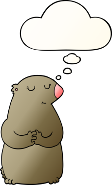 Bir insan tarafından çizilmiş yumuşak eğimli düşünce baloncuklu şirin çizgi film ayısı.