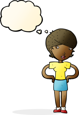 Bir insan tarafından çizilmiş düşünce baloncuğu olan elleri kalçasında çizgi film kadını.