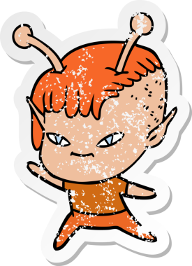 Bir insan tarafından çizilmiş sevimli uzaylı bir kızın sıkıntılı çıkartması.