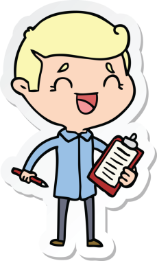 Bir insan tarafından çizilmiş elinde klip tahtası olan gülen bir adamın çıkartması.