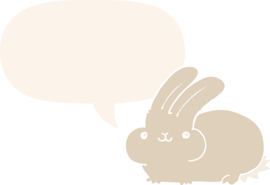 Konuşma baloncuklu çizgi film tavşanı insan tarafından çizilmiş.