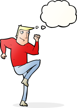 Bir insan tarafından çizilmiş düşünce baloncuğuyla koşan çizgi film adamı.