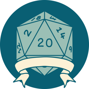 Retro Dövme Biçimi Doğal 20 kritik vuruş D20 zar bir insan tarafından çizildi