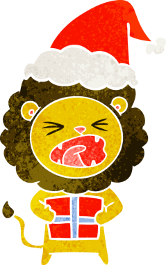 Bir insan tarafından çizilmiş Noel Baba şapkası giymiş bir aslanın el çizimi karikatürü.