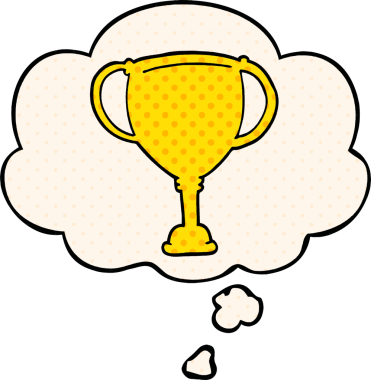 Bir insan tarafından çizilmiş, düşünce baloncuklu çizgi roman spor kupası.