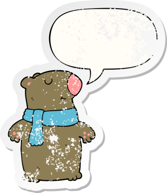 Konuşma baloncuğu olan çizgi film ayısı bir insan tarafından çizilmiş sıkıntılı eski bir çıkartma