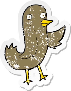 Bir insan tarafından çizilmiş komik bir karikatür kuşunun gerilmiş çıkartması.