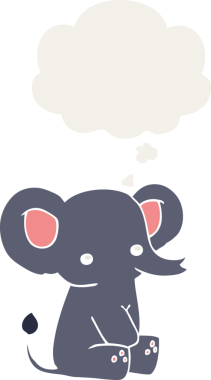 Düşünce baloncuğu olan karikatür fili insan tarafından çizilmiş.