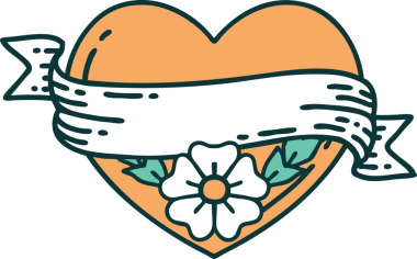 İkonik dövme stili bir kalp ve bir insan tarafından çizilmiş çiçekli pankart.