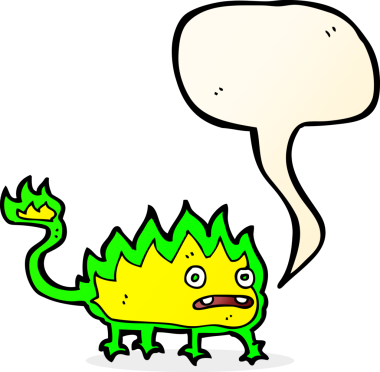 Bir insan tarafından çizilmiş konuşma balonu olan küçük ateş şeytanı çizgi filmi.