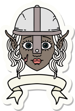 Bir elf savaşçısı karakterinin çıkartması, insan tarafından çizilmiş bir pankartıyla.