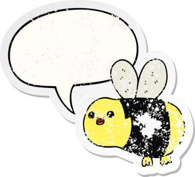 Konuşma baloncuğu olan çizgi film arısı bir insan tarafından çizilmiş sıkıntılı eski bir çıkartma