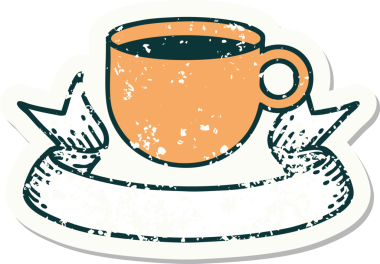 Bir insan tarafından çizilmiş kahve fincanı olan eski bir etiket.