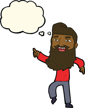 Çizgi filmdeki sakallı adam gülüyor ve bir insan tarafından çizilmiş düşünce balonuyla işaret ediyor.