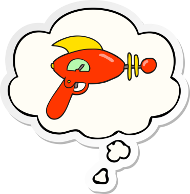 Düşünce baloncuklu çizgi film ışın tabancası insan tarafından çizilmiş bir çıkartma.