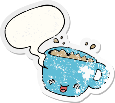 Bir insan tarafından çizilmiş, sıkıntılı, eski bir çıkartma, konuşma balonlu bir kahve fincanı.