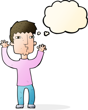 Bir insan tarafından çizilmiş düşünce baloncuğu olan endişeli bir adam.