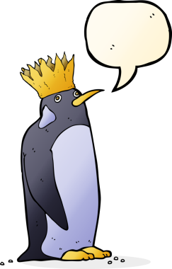 Karikatür imparatoru penguen ve bir insan tarafından çizilmiş konuşma balonu.
