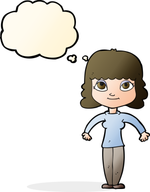 Bir insan tarafından çizilmiş düşünce baloncuğuyla omuz silken çizgi film kadını.