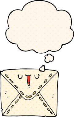 Bir insan tarafından çizilmiş çizgi roman şeklinde düşünce baloncuğu olan karikatür zarfı