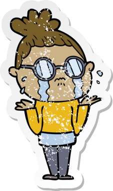 Bir insan tarafından çizilmiş gözlüklü, ağlayan bir karikatür çıkartması.