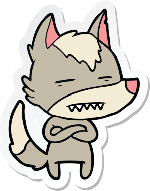 Bir insan tarafından çizilmiş dişleri gösteren bir kurt çizgi film etiketi.