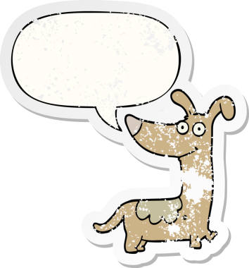 Konuşma baloncuğu olan çizgi film köpeği bir insan tarafından çizilmiş sıkıntılı eski bir çıkartma