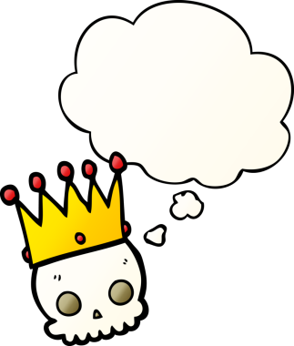 Düşünce baloncuklu taç ve bir insan tarafından çizilmiş düz eğimli kafatası.