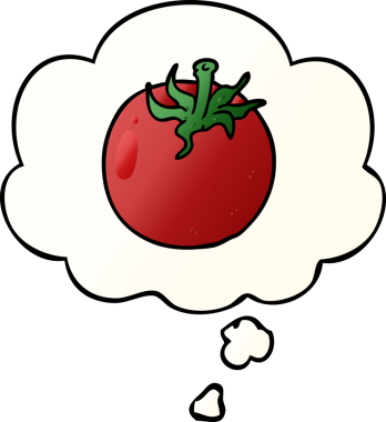 Düşünce baloncuklu çizgi film domatesi, bir insan tarafından çizilmiş düz eğimli bir şekil.