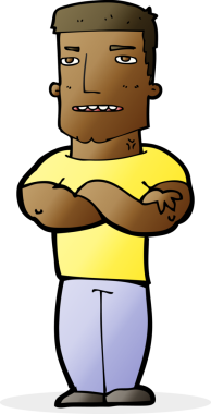 Bir insan tarafından çizilmiş kolları katlanmış sert adam çizgi filmi.