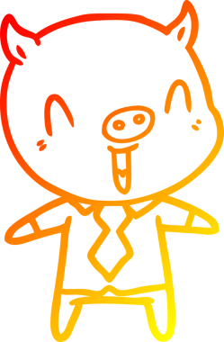 Bir insan tarafından çizilmiş gömlek ve kravat giyen mutlu bir domuzun çizgi çizimi.