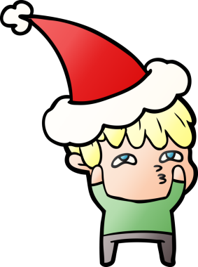 Bir insan tarafından çizilmiş Noel Baba şapkası giymiş meraklı bir adamın el çizimi karikatürü.