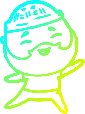 Bir insan tarafından çizilmiş, mutlu, sakallı, çizgi film karakteri.