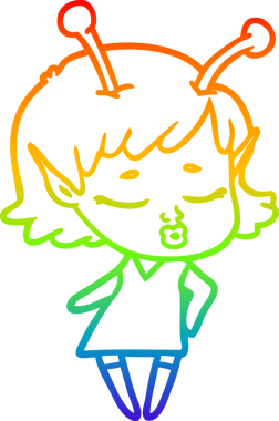 Gökkuşağı gradyan çizgisi. Bir insan tarafından çizilmiş şirin bir uzaylı kız çizgi filmi.