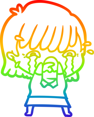 Gökkuşağı gradyan çizimi bir insan tarafından çizilmiş ağlayan bir çizgi kız çizimi