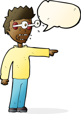 Bir insan tarafından çizilmiş konuşma baloncuğuyla gözleri fırlayan çizgi film adamı.