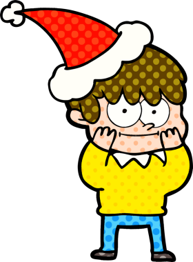 Mutlu el çizimi çizgi roman tarzı Noel Baba şapkası giyen bir adamın bir insan tarafından çizilmiş resmi.
