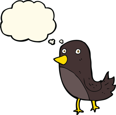 Bir insan tarafından çizilmiş düşünce baloncuklu çizgi film kuşu.