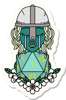 Ağlayan bir Ork savaşçı karakterinin çıkartması. Bir insan tarafından çizilmiş doğal bir D20 rulosu var.