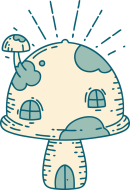 Bir insan tarafından çizilmiş geleneksel dövmeli mantar evi.