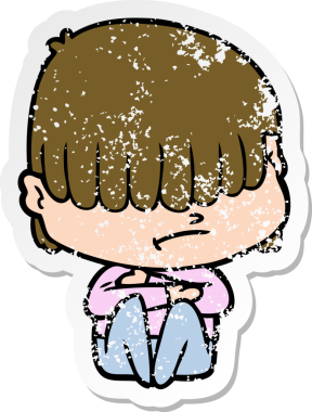 Bir insan tarafından çizilmiş dağınık saçlı bir çizgi film çocuğunun sıkıntılı çıkartması.