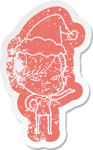 Hipster saç kesimi olan, Noel Baba şapkası takan, bir insan tarafından çizilmiş, kederli, şirin bir çizgi film.