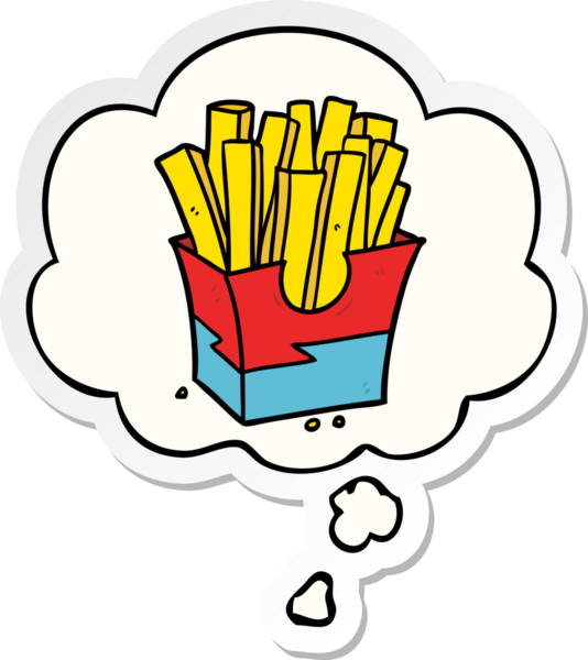 Düşünce baloncuğu olan çizgi film kızartmaları insan tarafından çizilmiş bir çıkartma gibi.