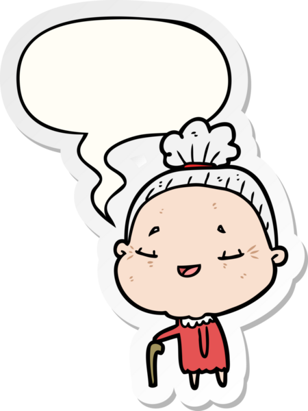 Bir insan tarafından çizilmiş konuşma balonu çıkartmalı yürüyen yaşlı kadın.