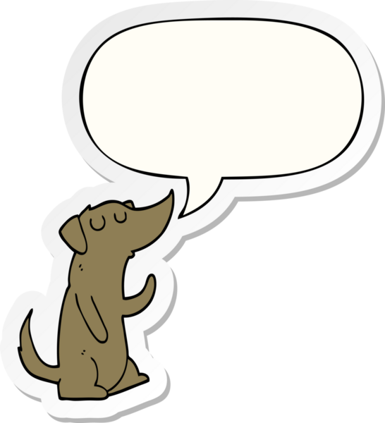 Bir insan tarafından çizilmiş konuşma balonu çıkartmalı çizgi film köpeği.