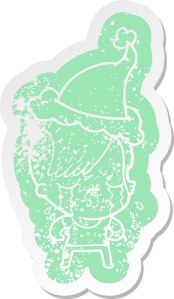 Bir insan tarafından çizilmiş Noel Baba şapkası takan ağlayan bir kızın garip karikatürü.