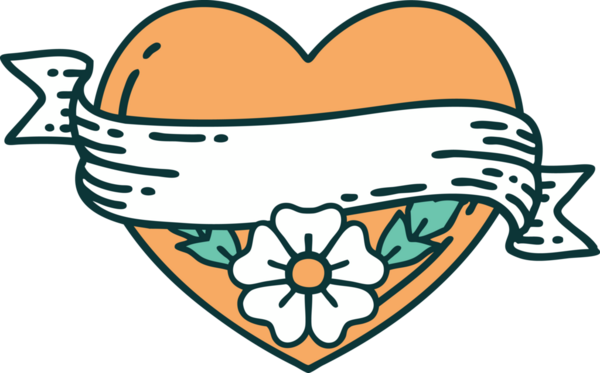 İkonik dövme stili bir kalp ve bir insan tarafından çizilmiş çiçekli pankart.