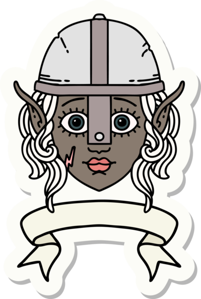 Bir elf savaşçısı karakterinin çıkartması, insan tarafından çizilmiş bir pankartıyla.